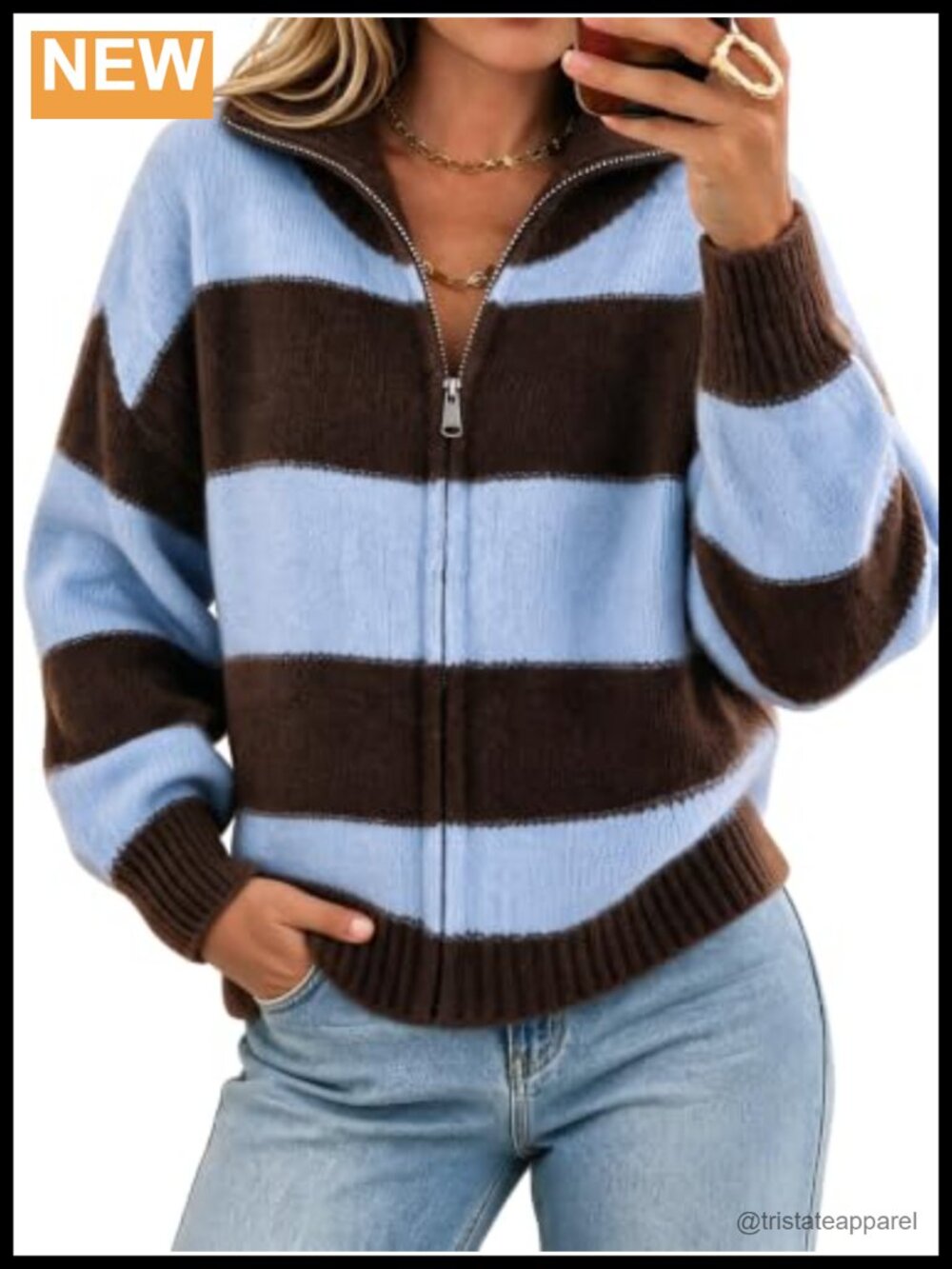 Women's Zip Front Knit Cardigan Sweater High Neck Striped Long Sleeve